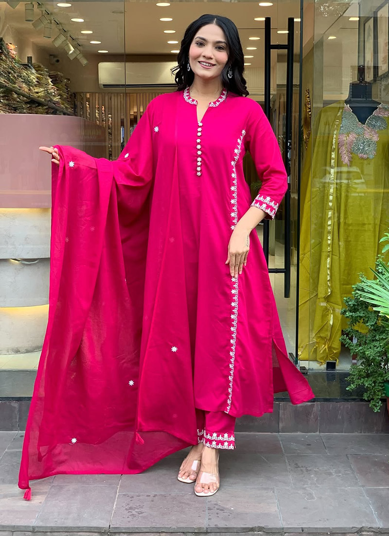 Rani Pink Embroidered Chanderi Silk Straight Pant Suit After Six Wear