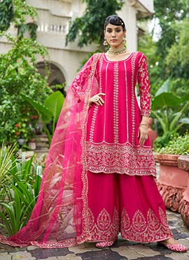 Rani Pink Embroidered Mirror Work Chinon A Line Palazzo Suit