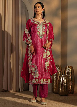 Rani Pink Embroidered Sequins Silk Straight Pant Suit