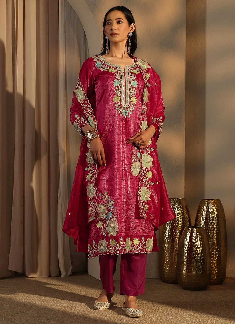Rani Pink Embroidered Sequins Silk Straight Pant Suit Festive Wear