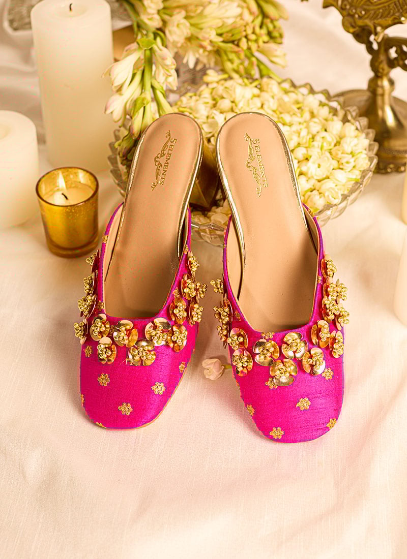 Rani Pink Embroidered With Moti Work Heels Juti