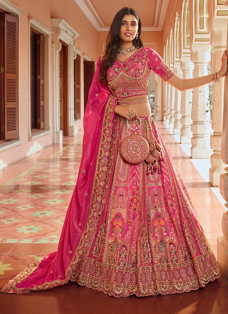 Rani Pink Embroidered Zari Sequins With Stone Work Banarasi Silk Lehenga Wedding Wear