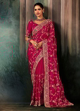 Rani Pink Fancy Silk Zari Embroidered Sequins Stones Saree
