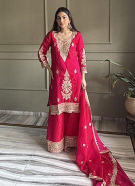 Rani Pink Fandy Satin Embroidered Pakistani Palazzo Suit
