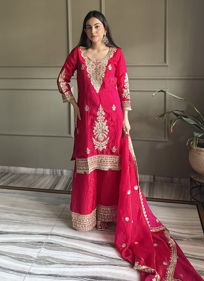 Rani Pink Fandy Satin Embroidered Pakistani Palazzo Suit Festive Wear