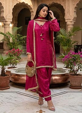 Rani Pink Fandy Satin Mirror And Moti Embellished Salwar Suit