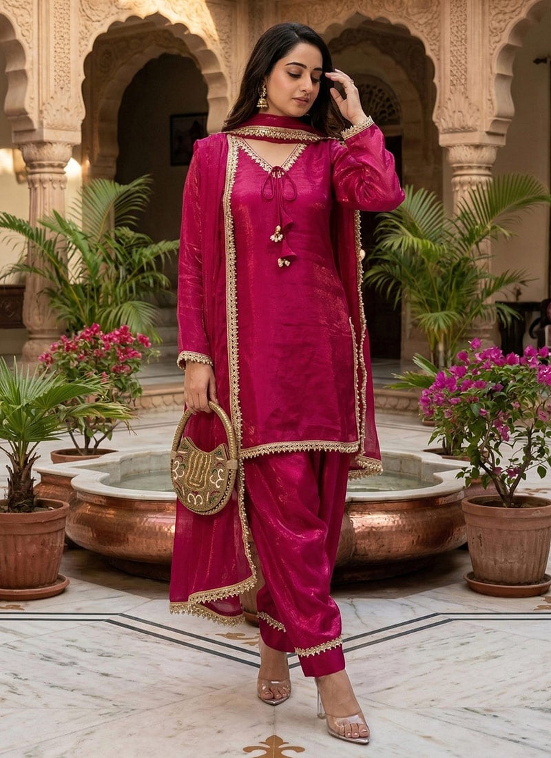 Rani Pink Fandy Satin Mirror And Moti Embellished Salwar Suit After Six Wear
