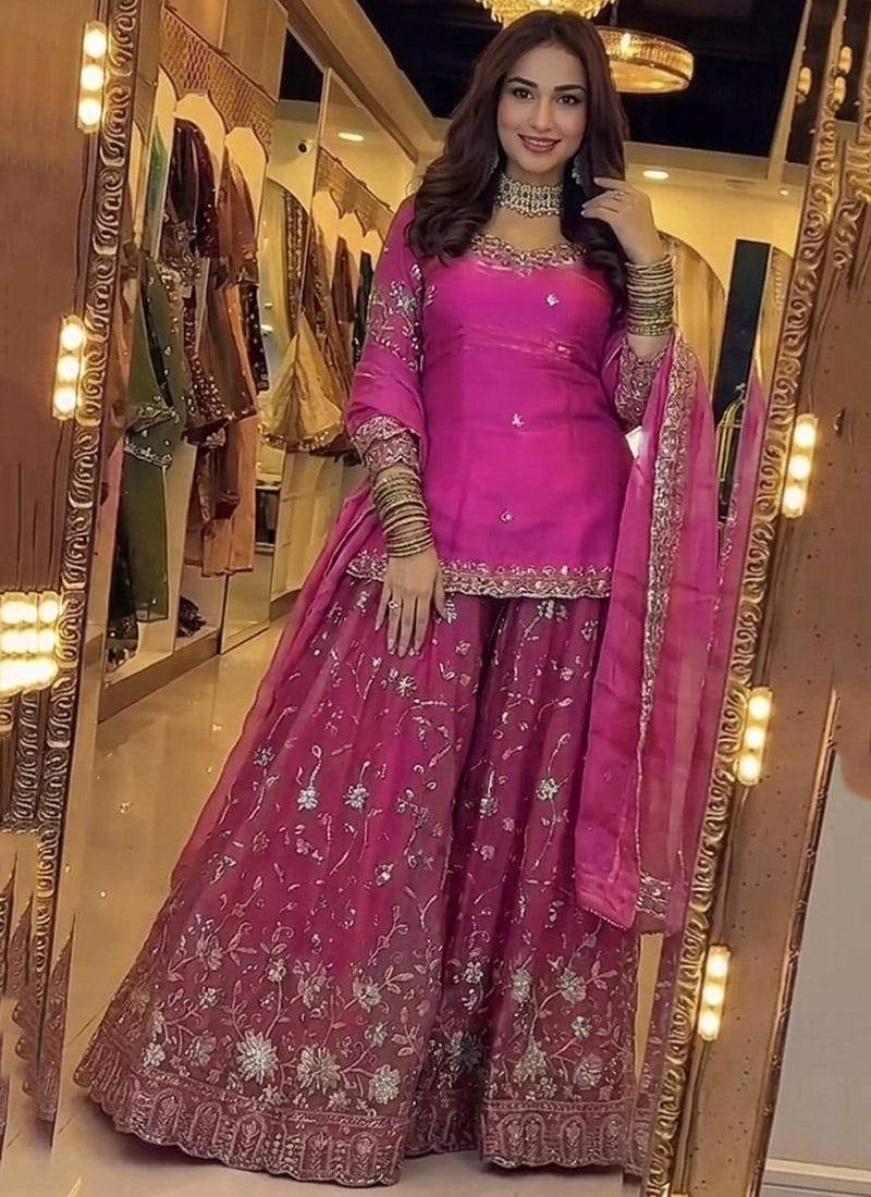 Rani Pink Fandy Silk Embroidered Sharara Suit After Six Wear