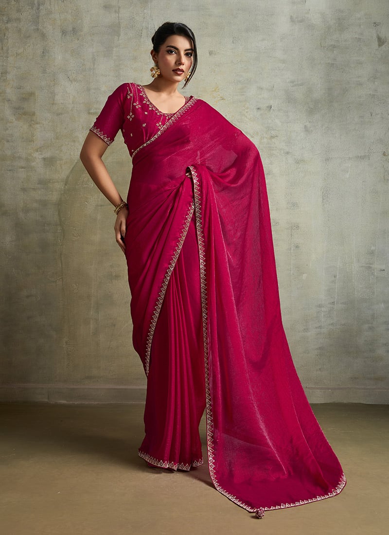 Rani Pink Faux Chiffon Stones Saree Festive Wear