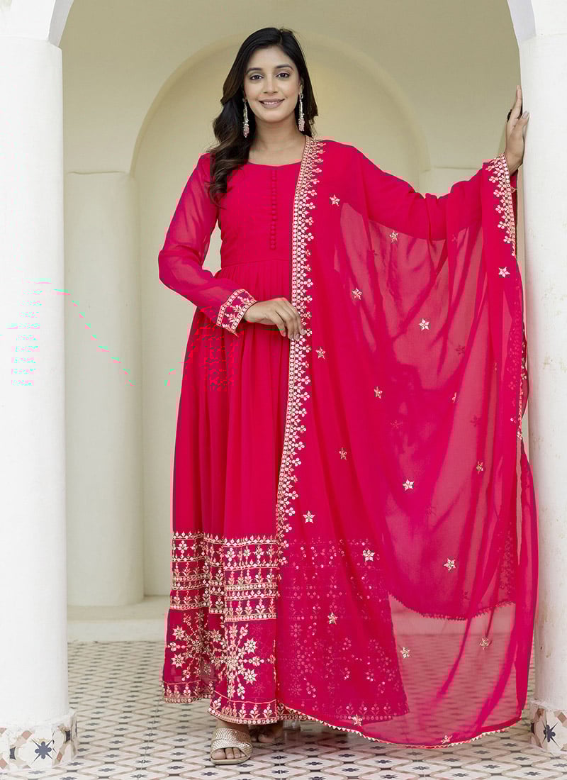 Rani Pink Faux Georgette Anarkali Suit With Sequins And Embroidery Work Festive Wear