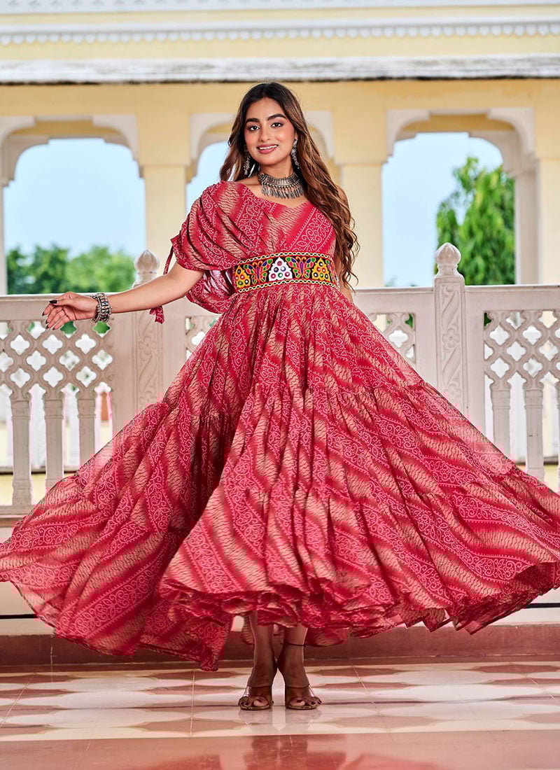 Rani Pink Faux Georgette Bandhini Kutch Work Indowestern Anarkali Gown After Six Wear