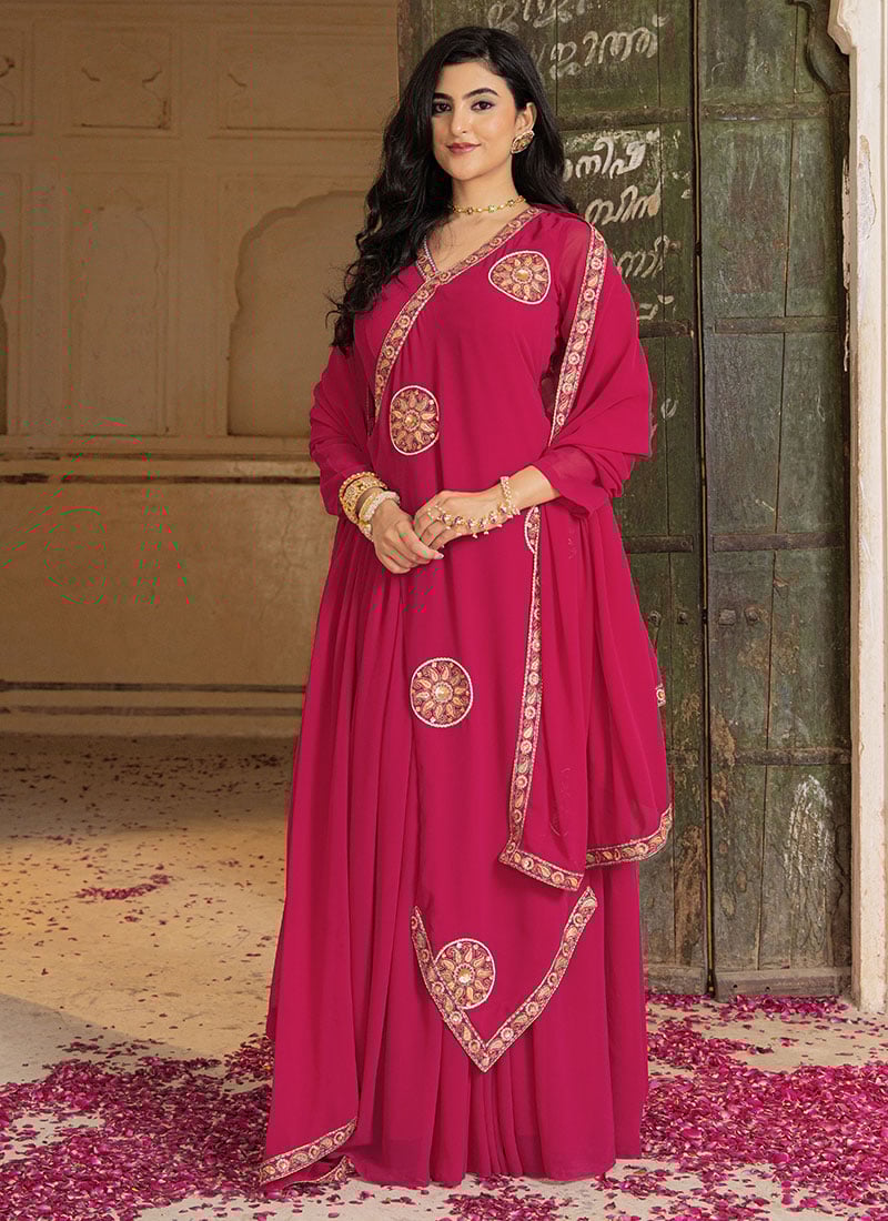 Rani Pink Faux Georgette Embroidered Anarkali Suit After Six Wear