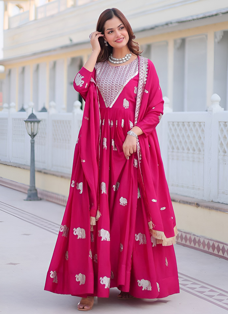 Rani Pink Faux Georgette Embroidered And Sequins Anarkali Suit Festive Wear