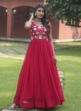 Rani Pink Faux Georgette Embroidered Dresses And Gown