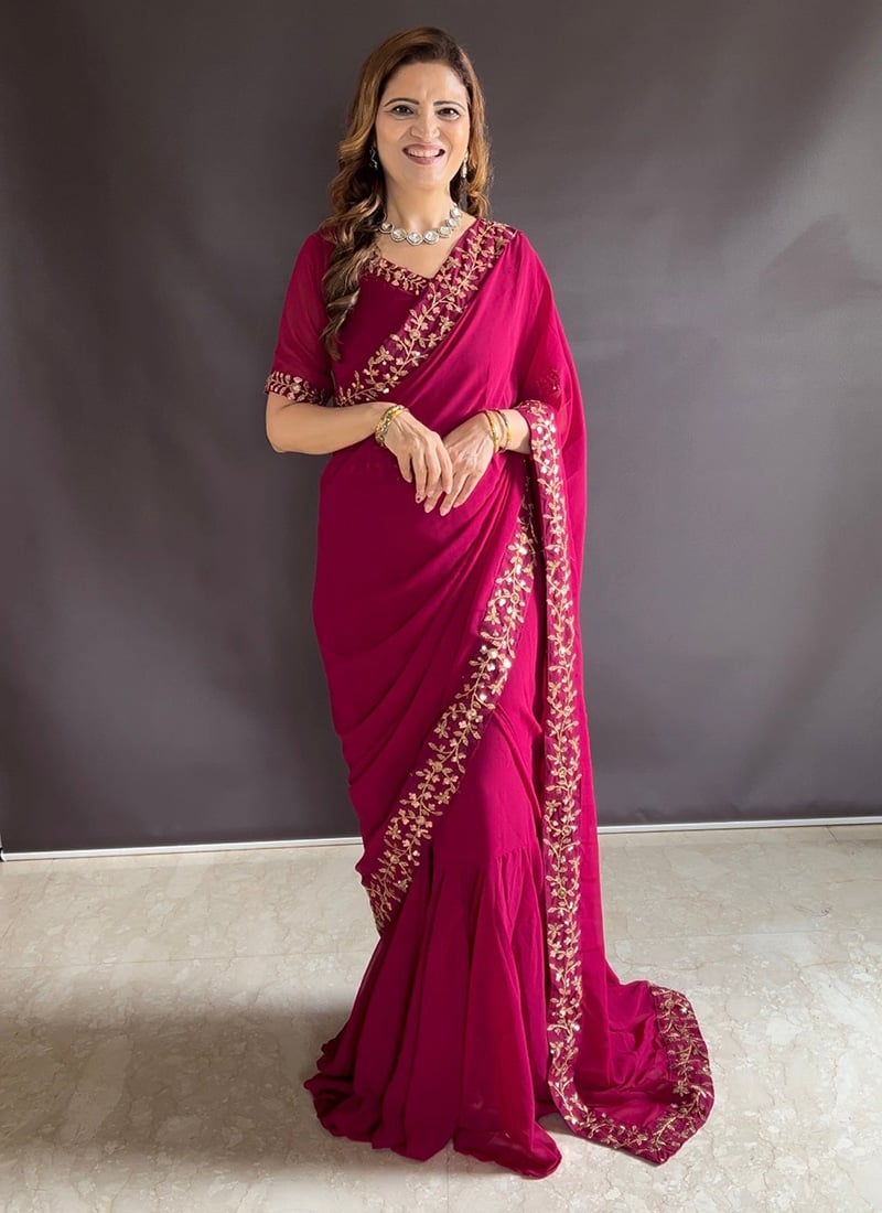 Rani Pink Faux Georgette Embroidered Lehenga Saree Festive Wear