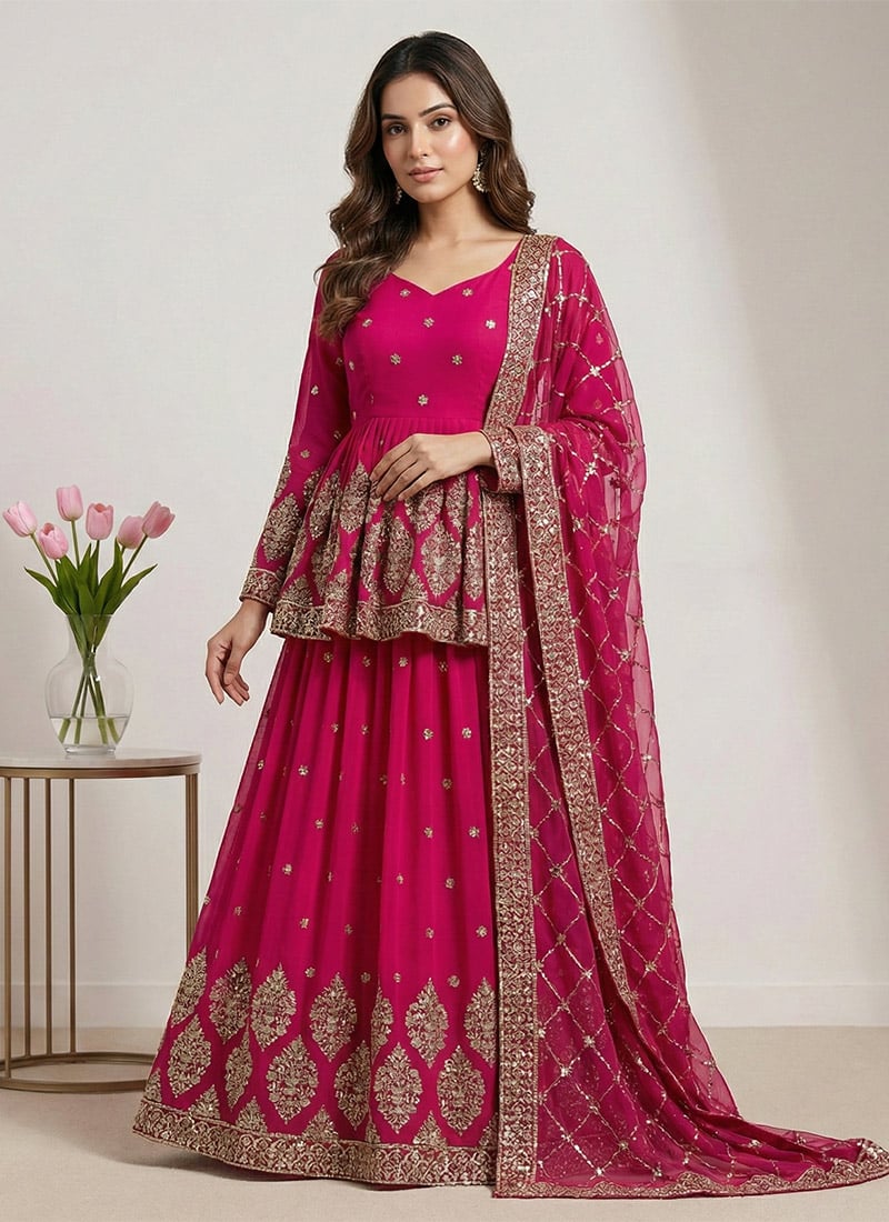 Rani Pink Faux Georgette Embroidered Sequins A Line Lehenga Wedding Wear