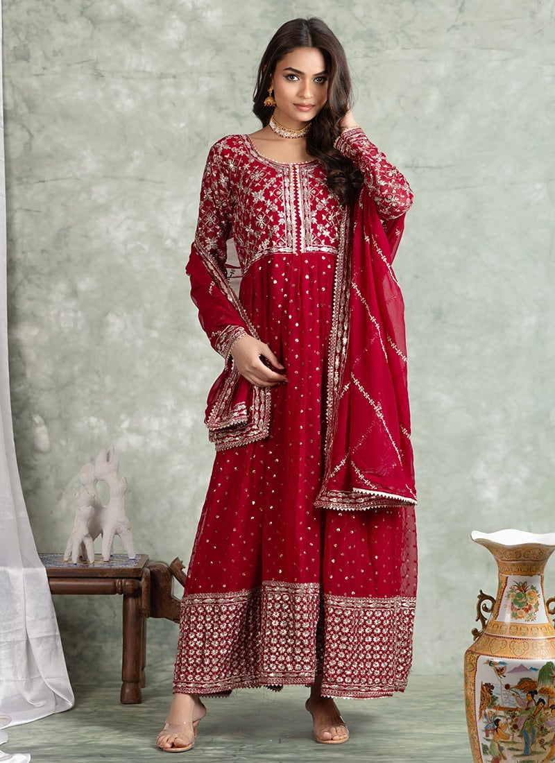 Rani Pink Faux Georgette Embroidered Sequins Anarkali Suit Festive Wear