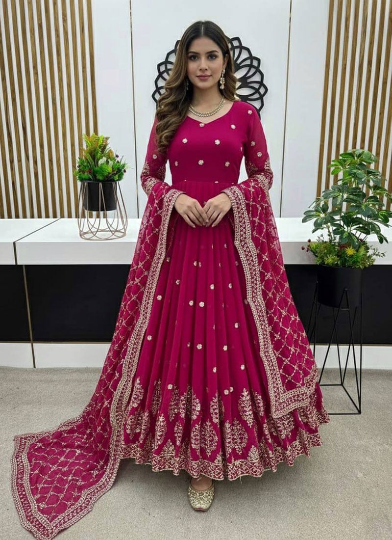 Rani Pink Faux Georgette Embroidered Sequins Anarkali Suit Festive Wear