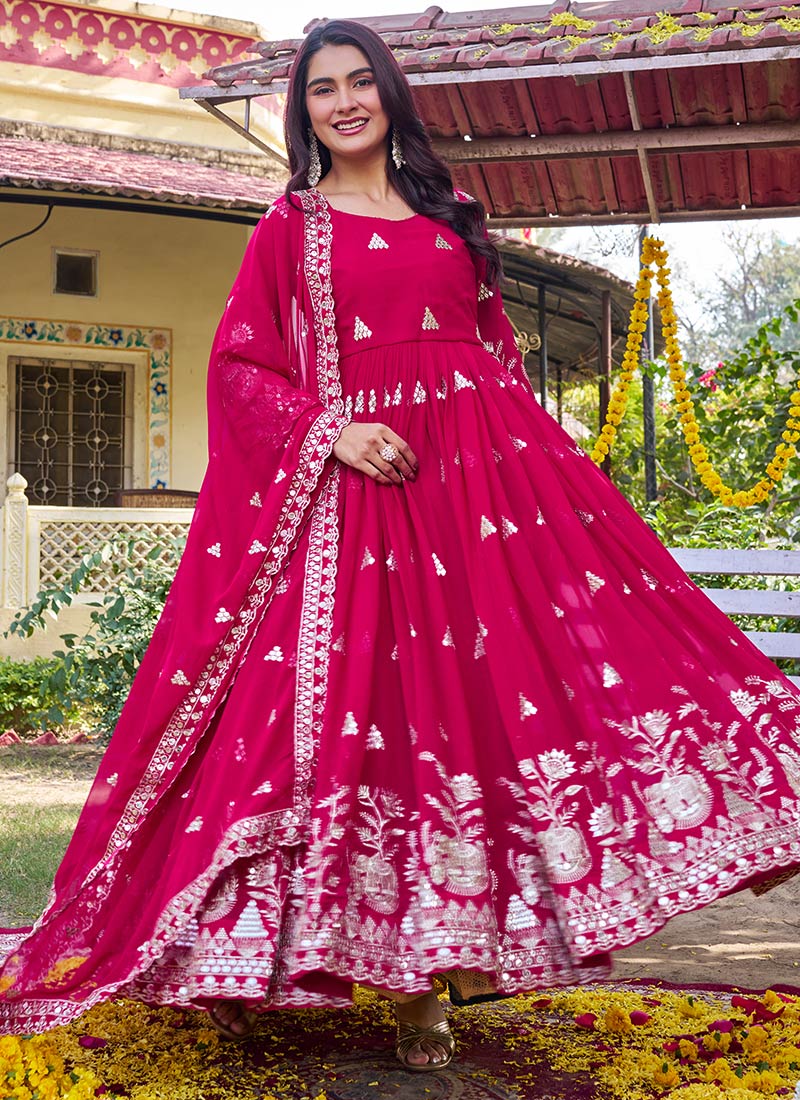 Rani Pink Faux Georgette Embroidered Sequins Anarkali Suit Festive Wear