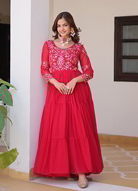Rani Pink Faux Georgette Embroidered Sequins Gorgeous Anarkali Gown