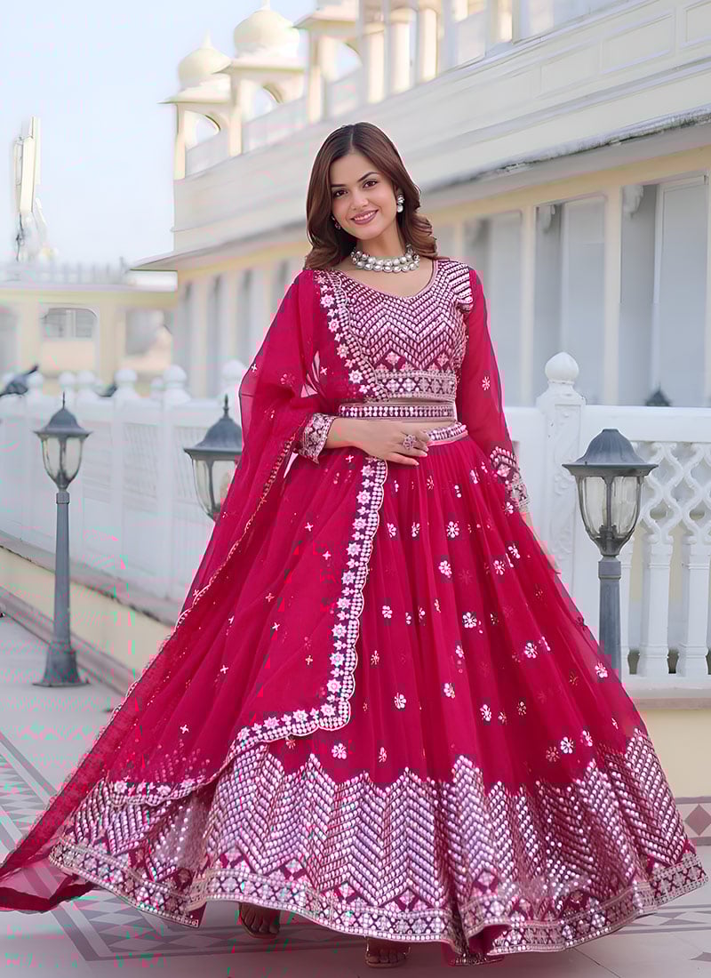 Rani Pink Faux Georgette Gota Patti Work Lehenga Festive Wear