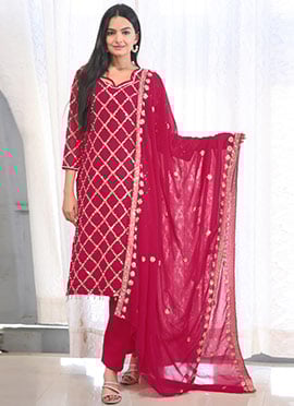 Rani Pink Faux Georgette Moti Sequins Work Straight Pant Suit