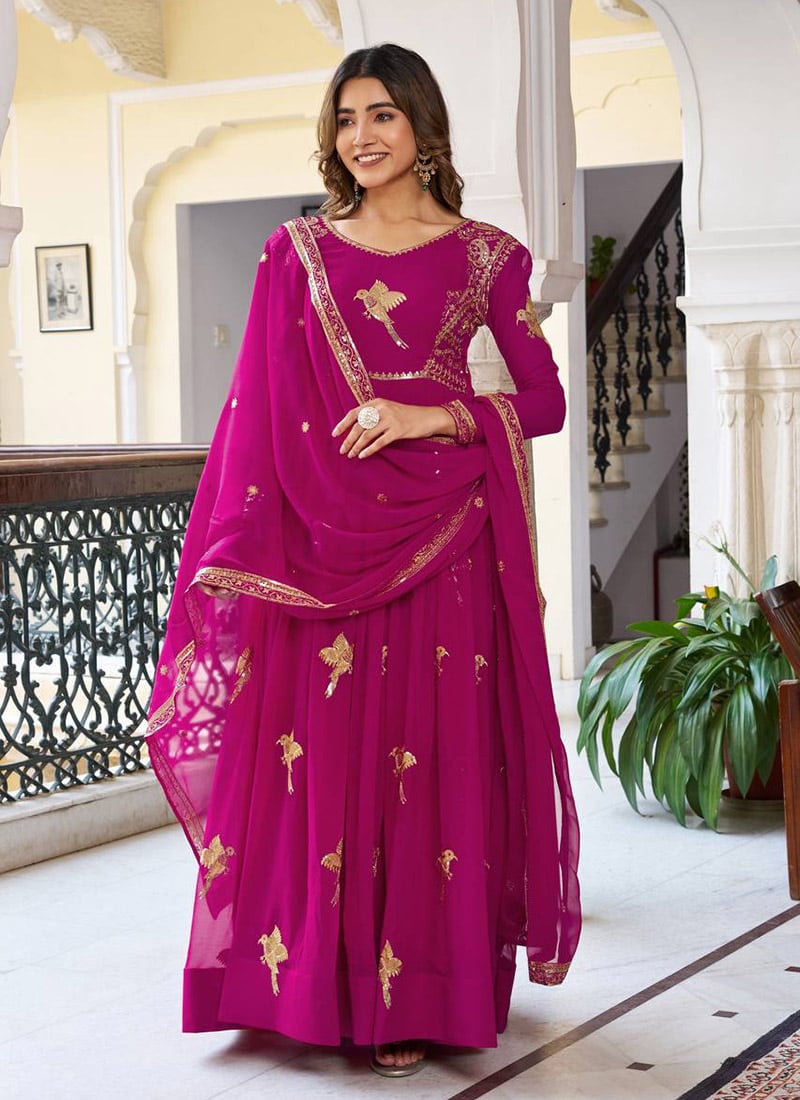 Rani Pink Faux Georgette Sequins Embroidered Anarkali Suit Festive Wear