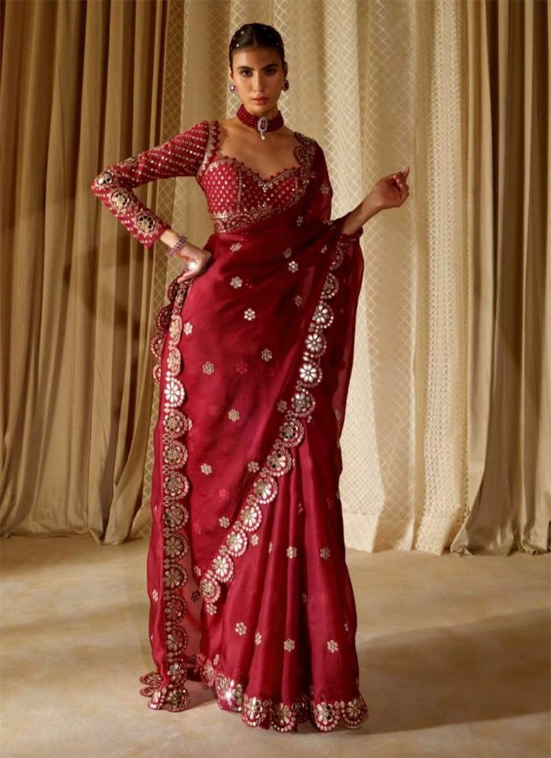 Rani Pink Faux Georgette Sequins Embroidered Saree