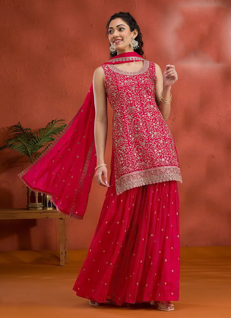 Rani Pink Faux Georgette Sequins Palazzo Suit Festive Wear