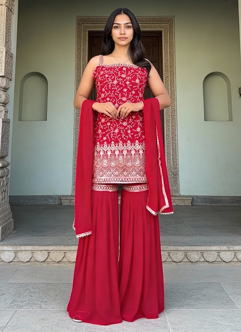 Rani Pink Faux Georgette Sequins Thread Sharara Suit Festive Wear