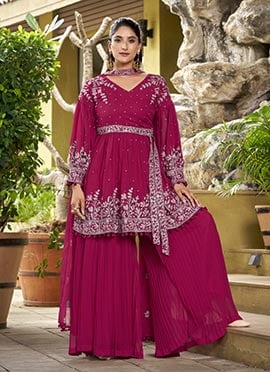 Rani Pink Faux Georgette Zari And Embroidered Sequins Palazzo Suit