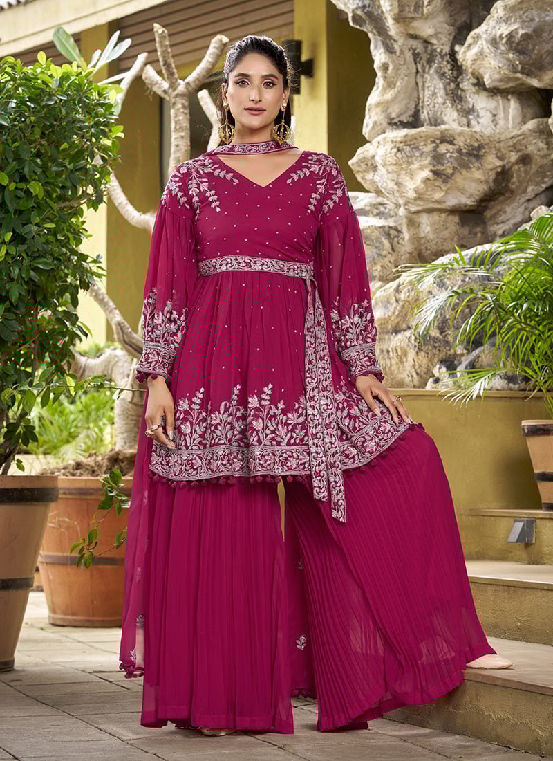 Rani Pink Faux Georgette Zari And Embroidered Sequins Palazzo Suit Festive Wear