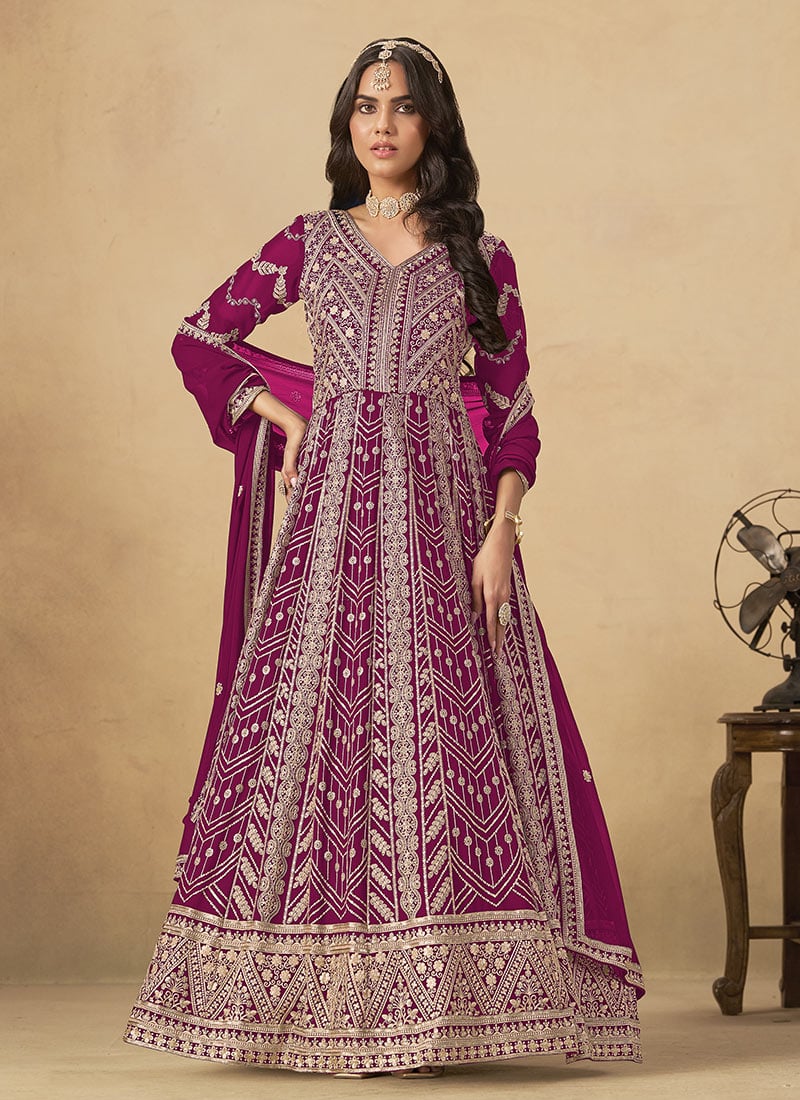 Rani Pink Faux Georgette Zari Embroidered Sequins A Line Anarkali Suit Festive Wear