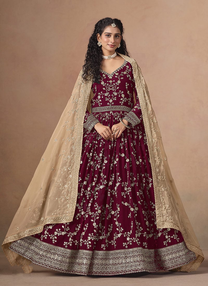Rani Pink Faux Georgette Zari Embroidered Sequins Anarkali Suit Festive Wear