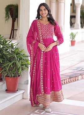 Rani Pink Faux Georgette Zari Embroidered Sequins Anarkali Suit
