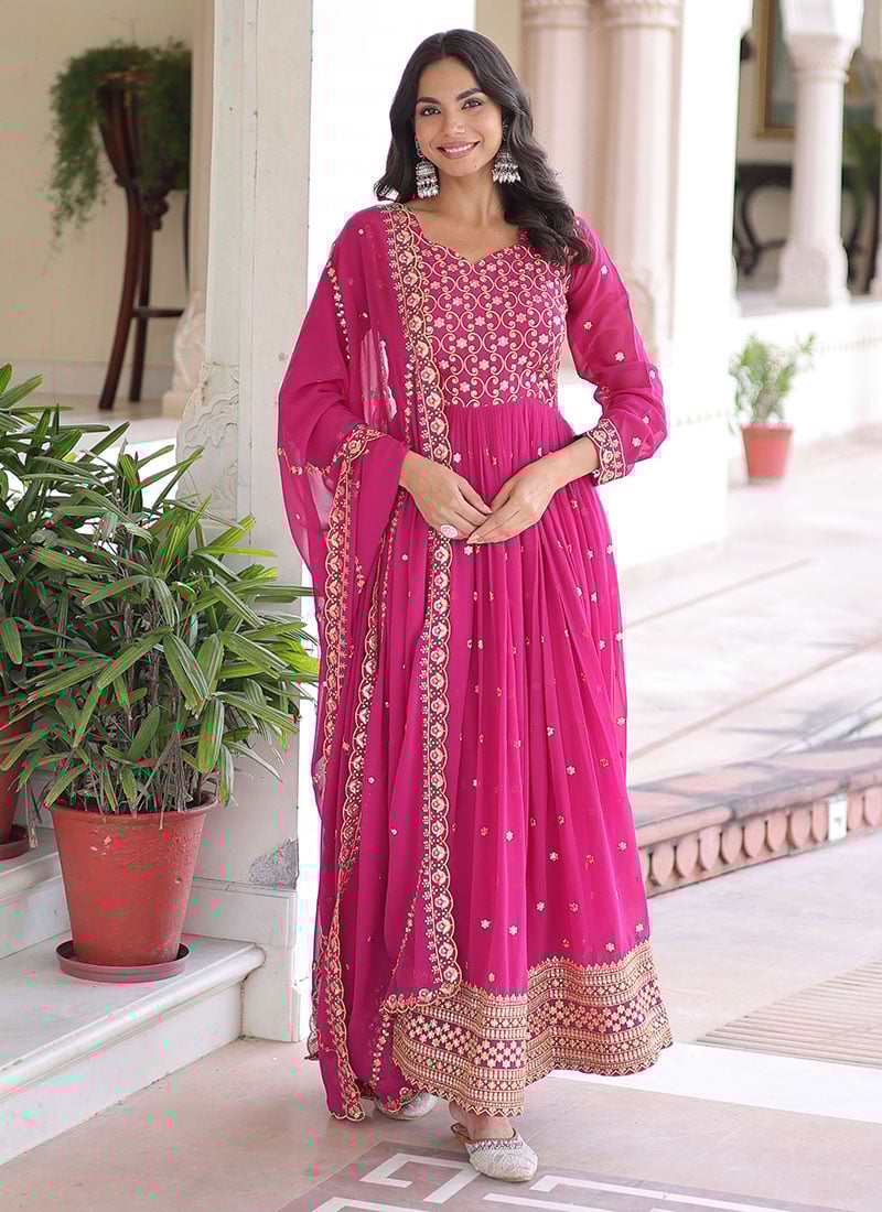 Rani Pink Faux Georgette Zari Embroidered Sequins Anarkali Suit Festive Wear