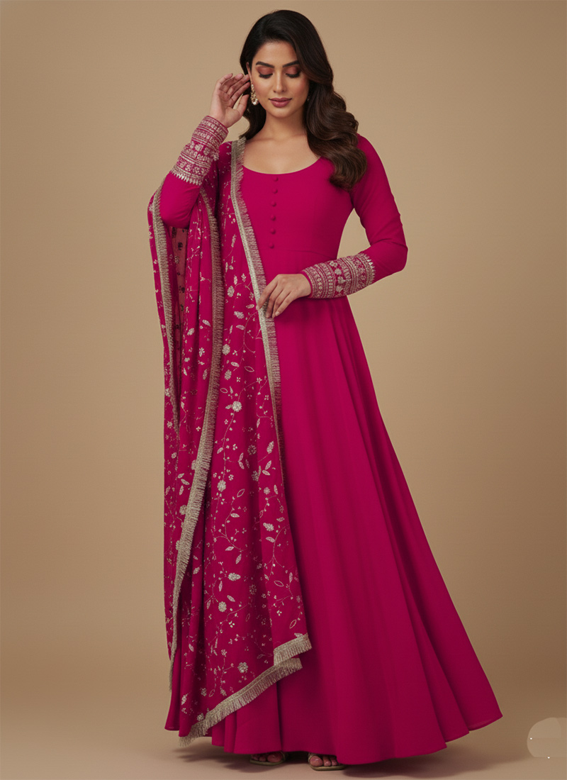 Rani Pink Faux Georgette Zari Embroidered Sequins Anarkali Suit Festive Wear