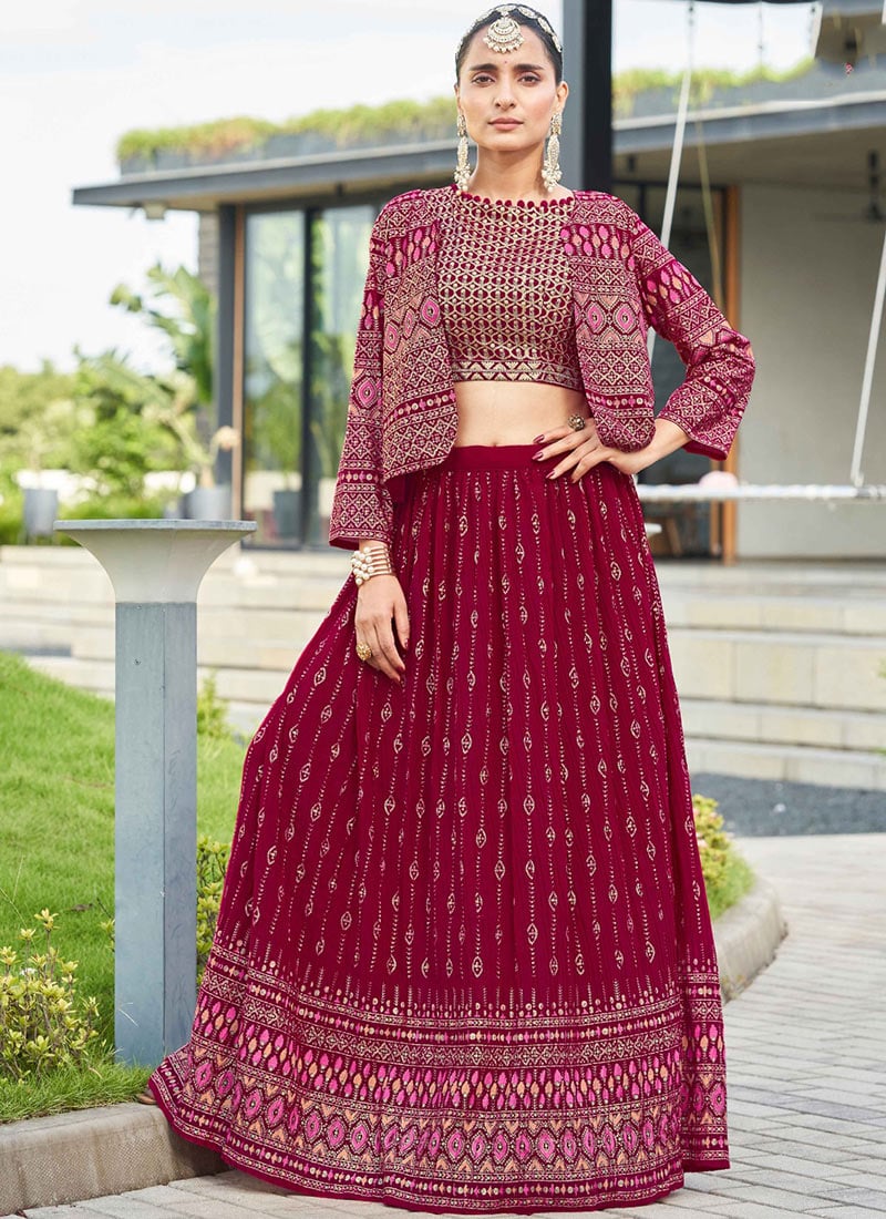 Rani Pink Faux Georgette Zari Embroidered Sequins Jacket Skirt Set Wedding Wear