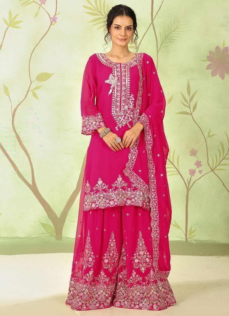 Rani Pink Faux Georgette Zari Sequins Palazzo Suit