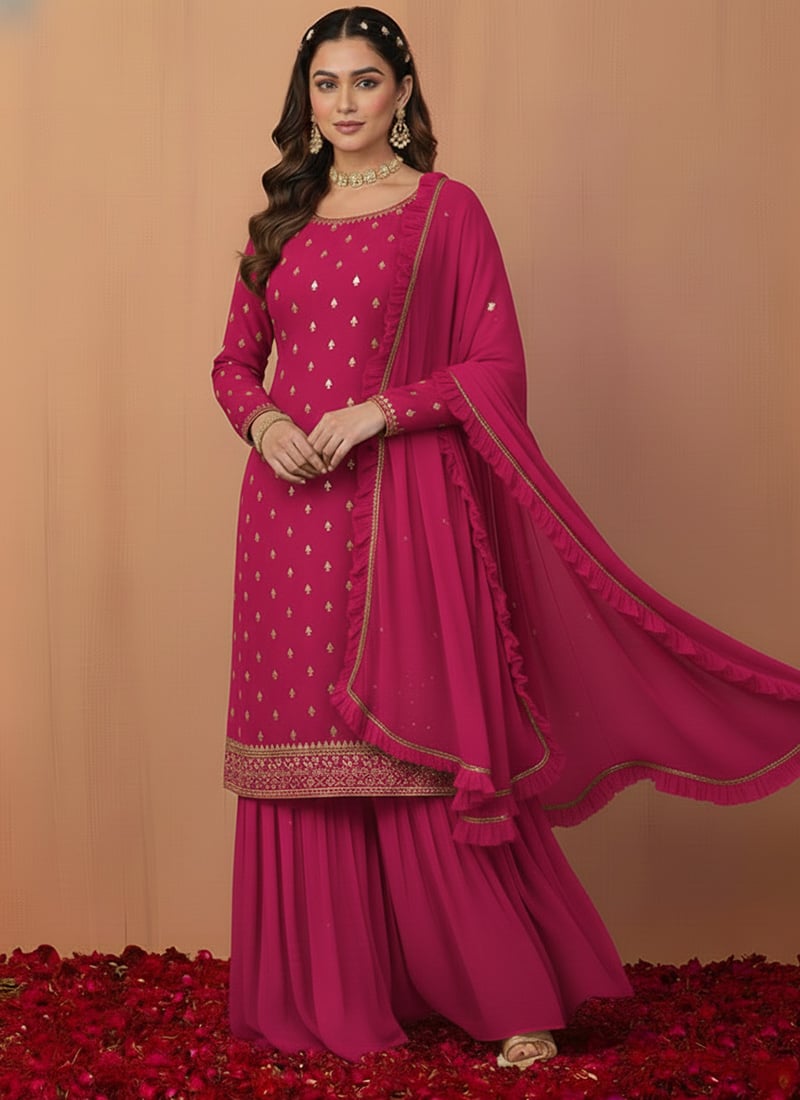 Rani Pink Faux Georgette Zari Sequins Sharara Suit Festive Wear
