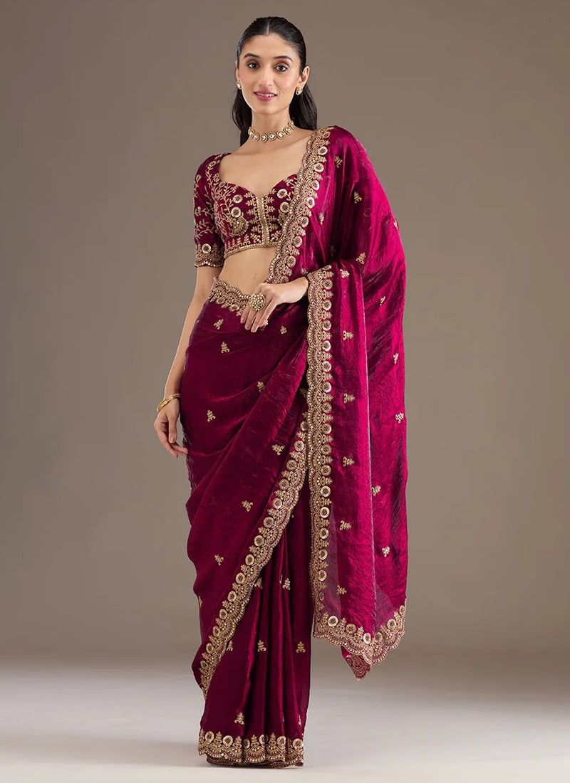 Rani Pink Fendy Satin Silk Zari Embroidered Sequins Saree Festive Wear