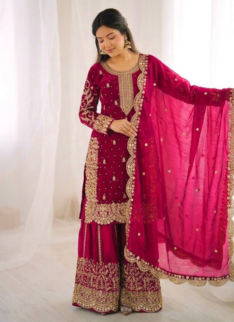Rani Pink Fendy Silk Embroidered Sequins With Moti Work Palazzo Suit Festive Wear