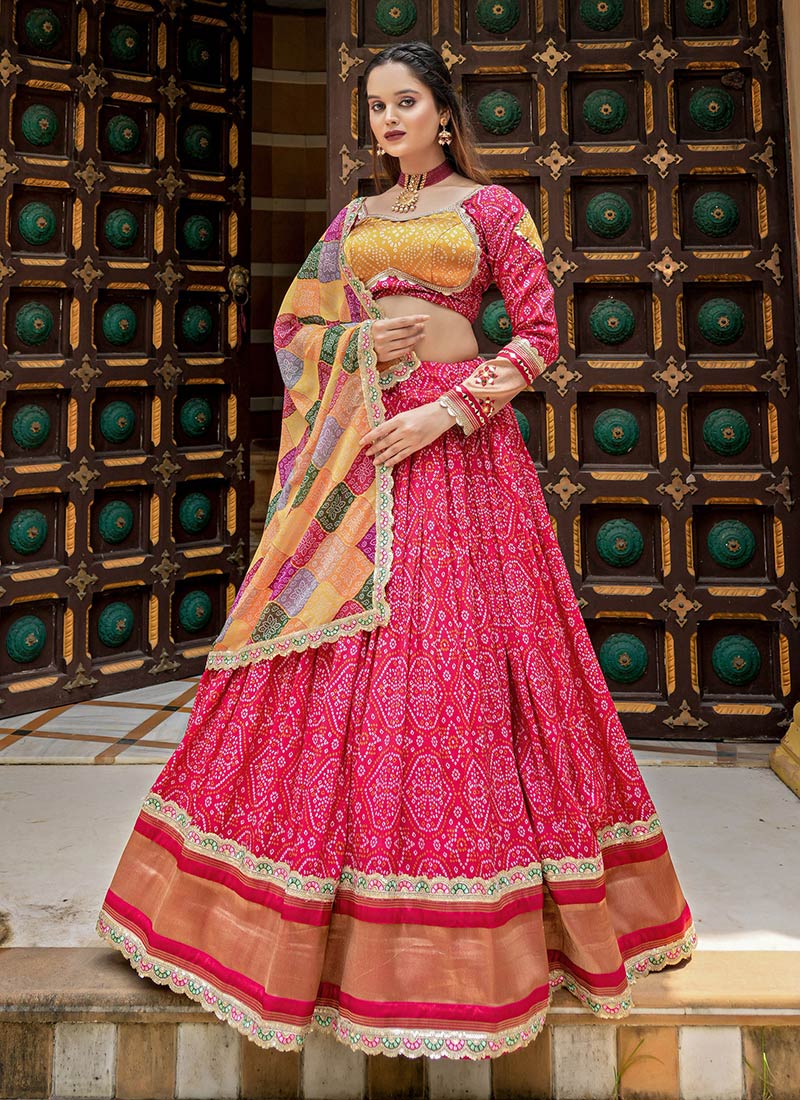 Rani Pink Gaji Silk Bandhini Print Sequins Zari Embroidered Umbrella Lehenga