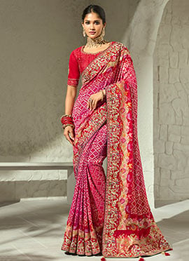 Rani Pink Georgette Bandhej Print Moti Cutdana Hand Embroidered Saree