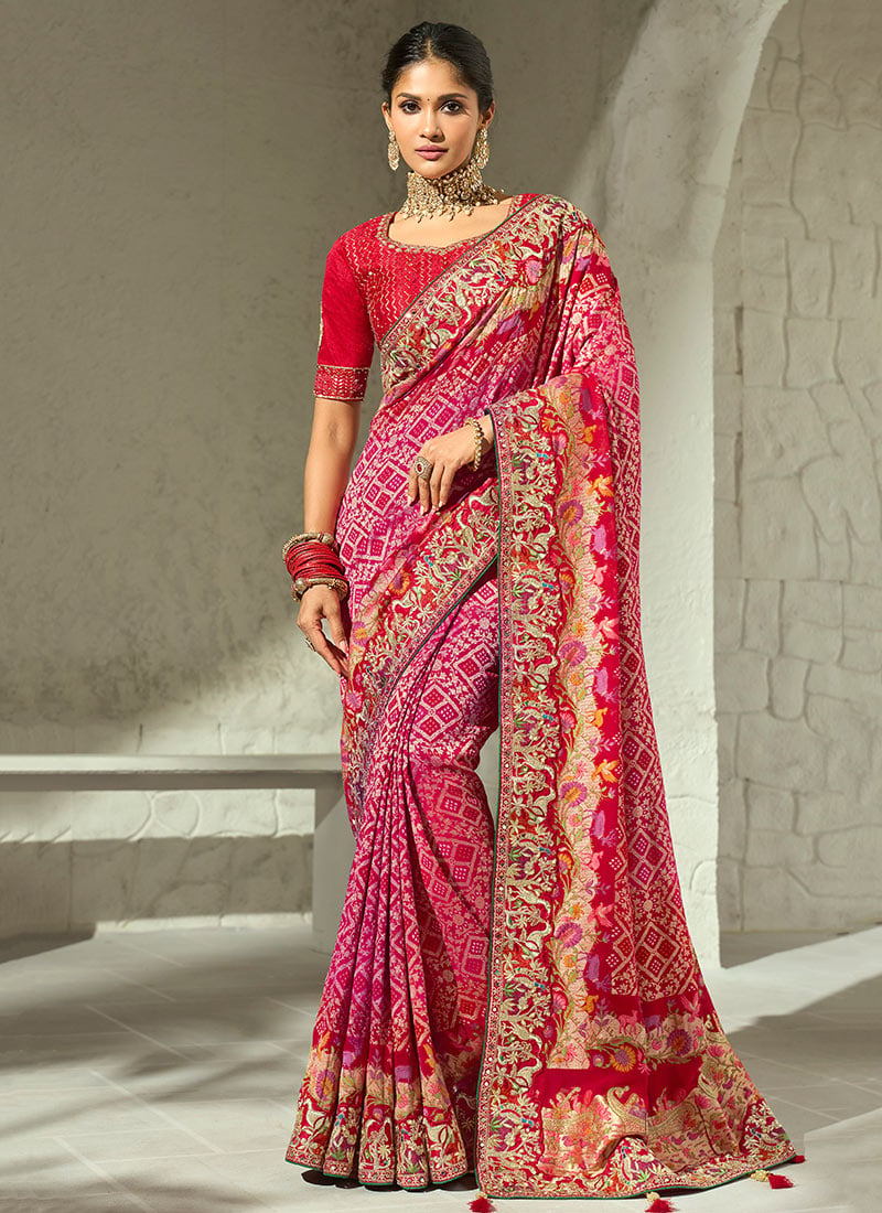 Rani Pink Georgette Bandhej Print Moti Cutdana Hand Embroidered Saree Festive Wear