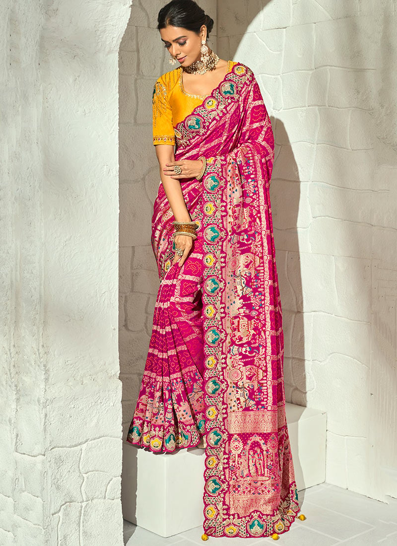 Rani Pink Georgette Bandhej Print Moti Cutdana Hand Embroidered Saree Festive Wear