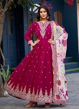 Rani Pink Georgette Digital Print Embroidered Sequins Anarkali Suit