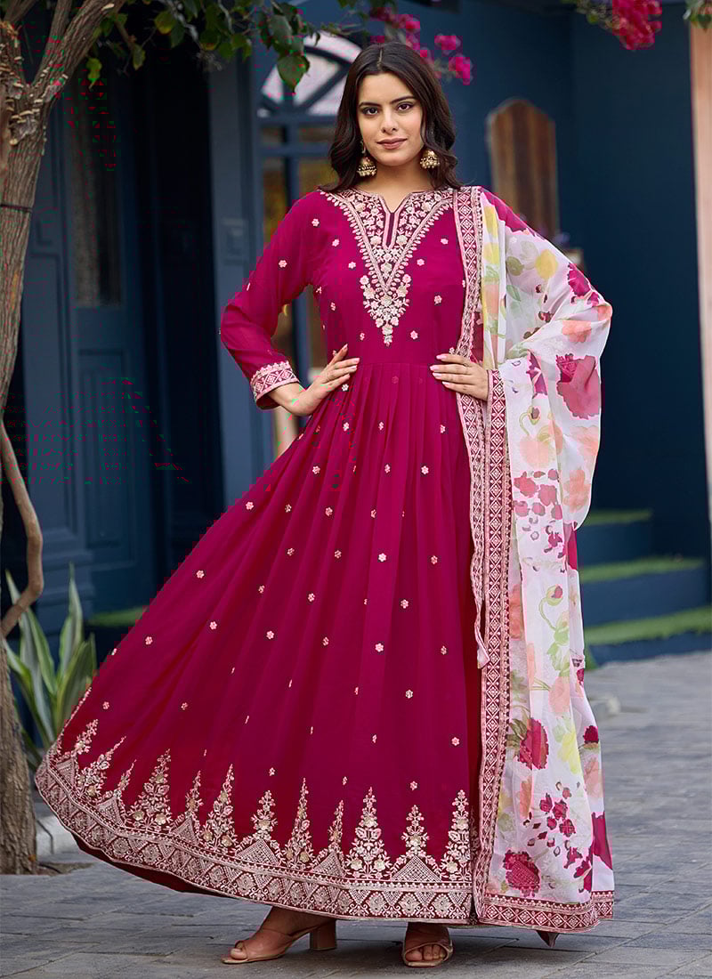 Rani Pink Georgette Digital Print Embroidered Sequins Anarkali Suit Festive Wear