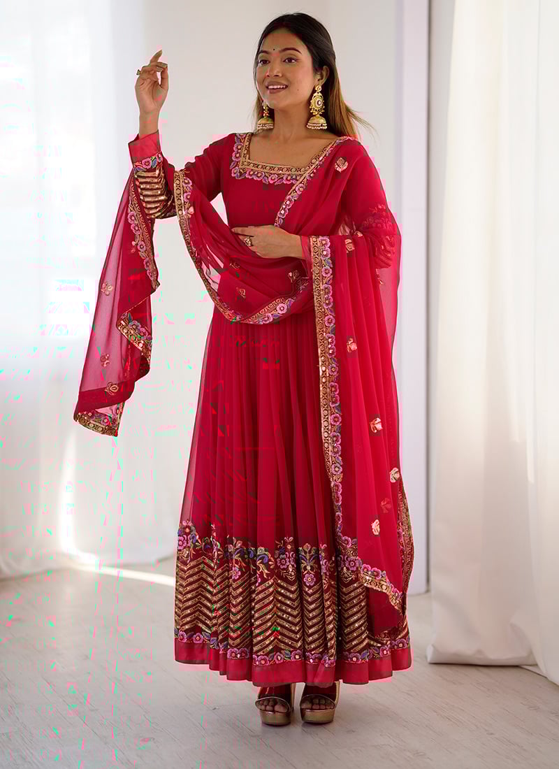 Rani Pink Georgette Embroidered Anarkali Suit Festive Wear