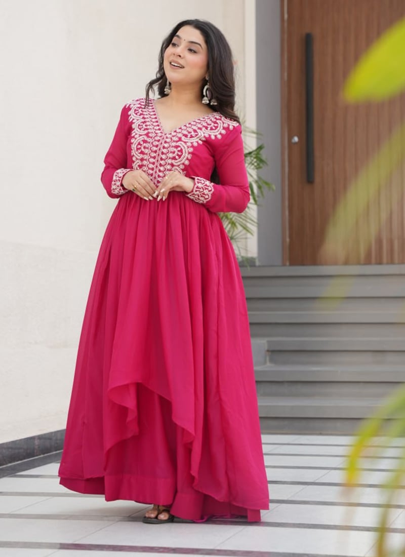 Rani Pink Georgette Embroidered Gown Festive Wear